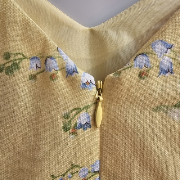 Lily Of The Vally Floral Print Yellow Dress, Green Ribbon At Waist, Size Small P - Picture 7 of 13